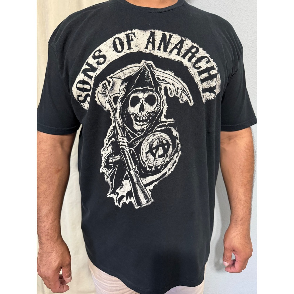 Sons of Anarchy Mens Black Graphic T-Shirt 2XL Reaper Logo SAMCRO Biker Tee Goth